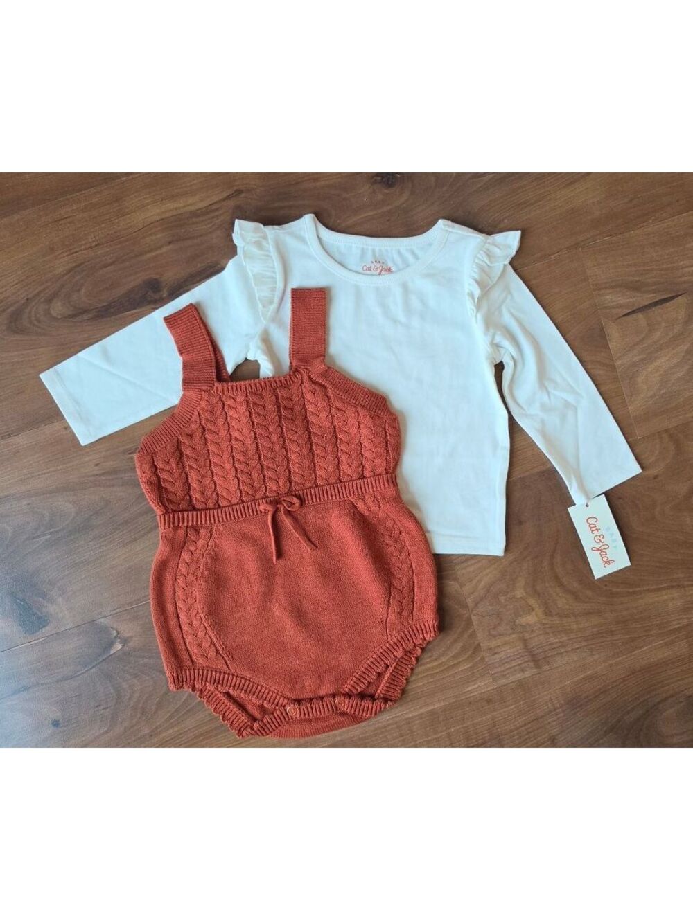 NWT Cat & Jack Baby Girl 2pc Knit Romper Set Burnt Orng/Crm Ruffle Top, Sz 18m